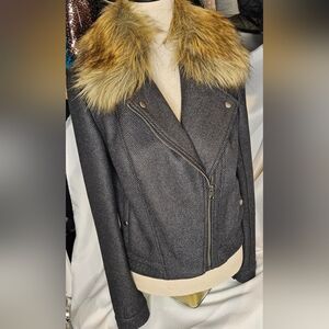 Women's Gray Jacket with Faux Fur Collar